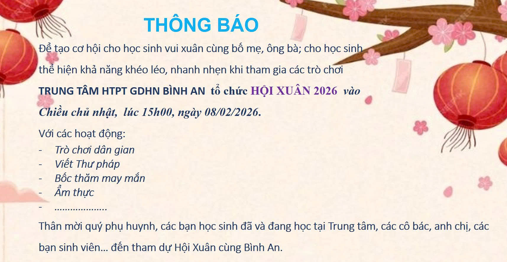 THÔNG BÁO